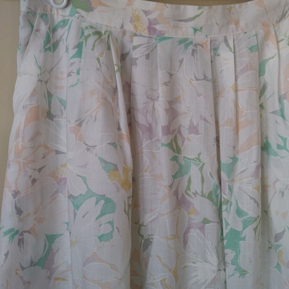 Vtg. F. Shay Pleated Floral Dainty A-Line Skirt 12 White Green View 3